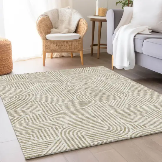Beige And Ivory Abstract Geometric Washable Area Rug With UV Protection Photo 5