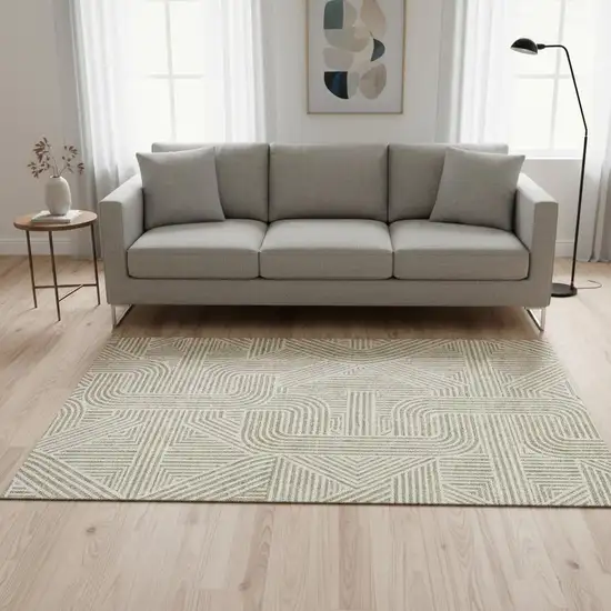 Beige And Ivory Abstract Geometric Washable Area Rug With UV Protection Photo 2