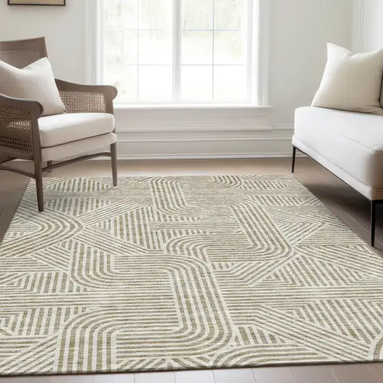 Beige And Ivory Abstract Geometric Washable Area Rug With UV Protection Photo 6