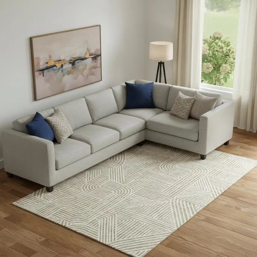 Beige And Ivory Abstract Geometric Washable Area Rug With UV Protection Photo 1