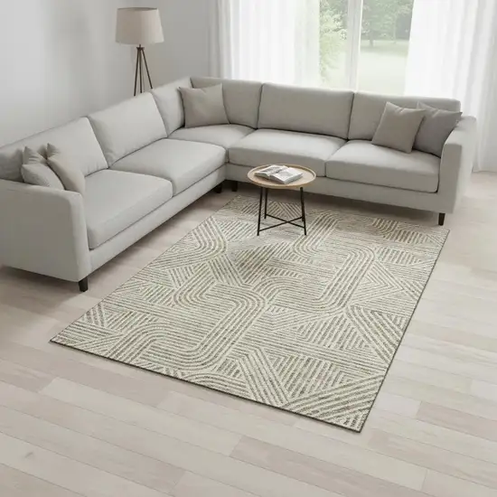 Beige And Ivory Abstract Geometric Washable Area Rug With UV Protection Photo 2
