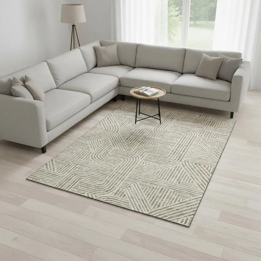 Beige And Ivory Abstract Geometric Washable Area Rug With UV Protection Photo 2