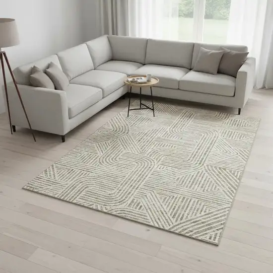Beige And Ivory Abstract Geometric Washable Area Rug With UV Protection Photo 2