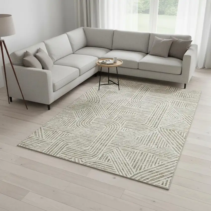 Beige And Ivory Abstract Geometric Washable Area Rug With UV Protection Photo 2