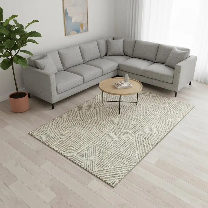 Beige And Ivory Abstract Geometric Washable Area Rug With UV Protection Photo 2