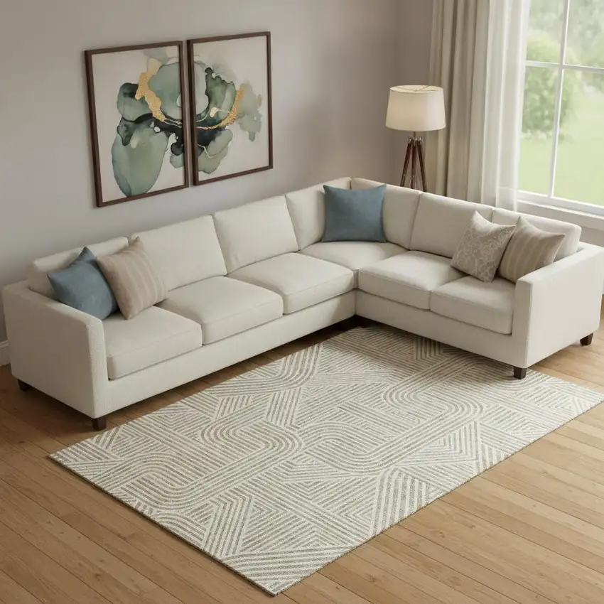 Beige And Ivory Abstract Geometric Washable Area Rug With UV Protection Photo 1