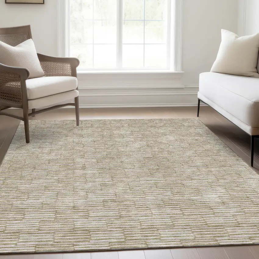 Beige And Ivory Abstract Geometric Washable Area Rug With UV Protection Photo 5