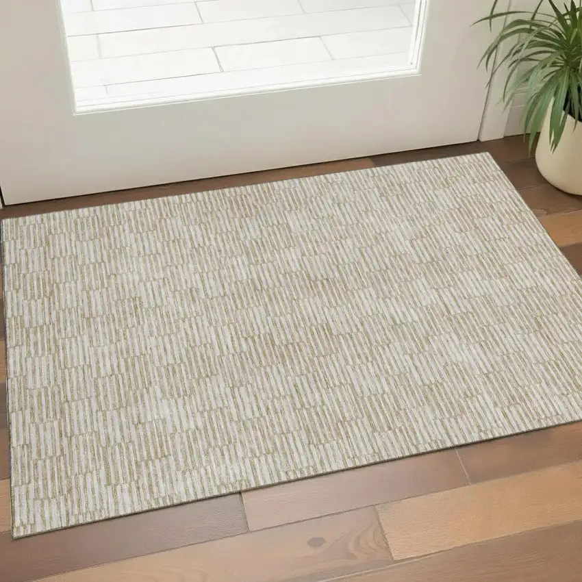 Beige And Ivory Abstract Geometric Washable Area Rug With UV Protection Photo 1