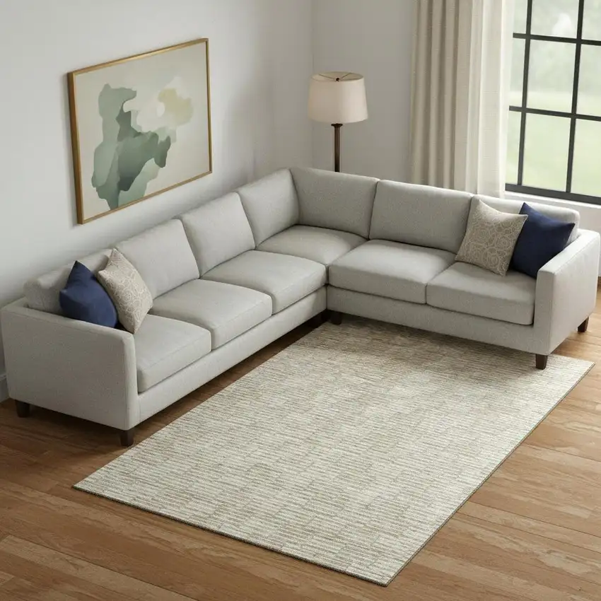 Beige And Ivory Abstract Geometric Washable Area Rug With UV Protection Photo 1