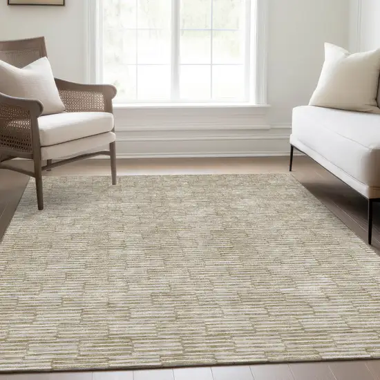 Beige And Ivory Abstract Geometric Washable Area Rug With UV Protection Photo 6