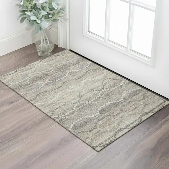 Beige And Ivory Abstract Geometric Washable Area Rug With UV Protection Photo 2
