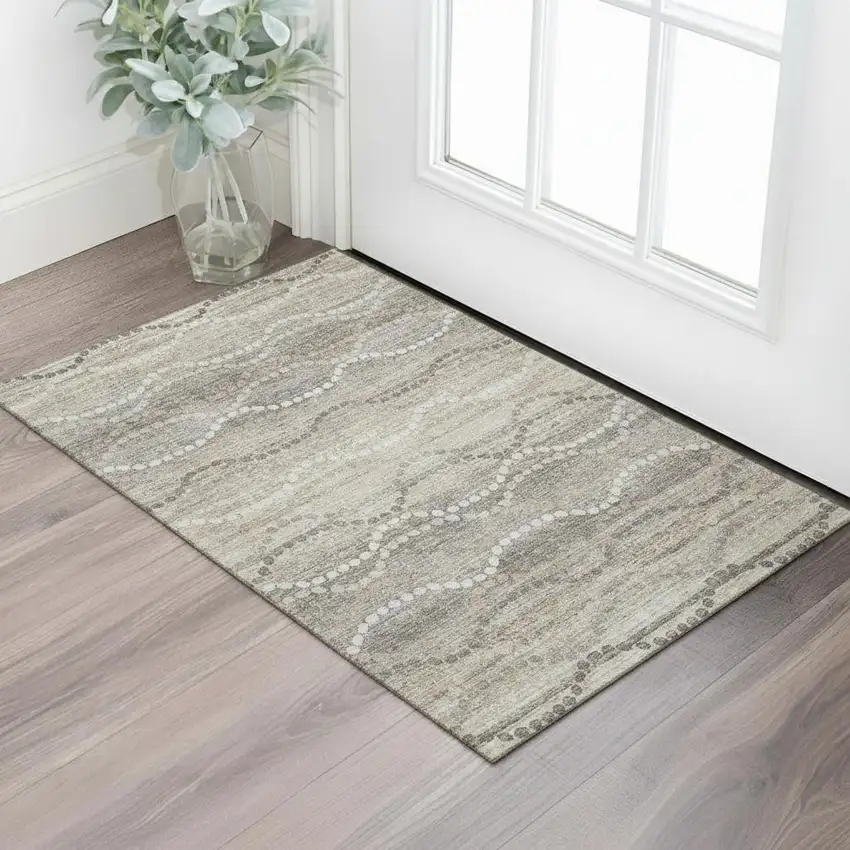 Beige And Ivory Abstract Geometric Washable Area Rug With UV Protection Photo 2