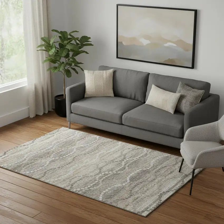 Beige And Ivory Abstract Geometric Washable Area Rug With UV Protection Photo 2