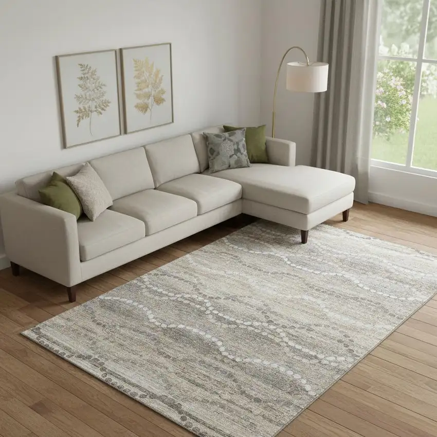 Beige And Ivory Abstract Geometric Washable Area Rug With UV Protection Photo 2