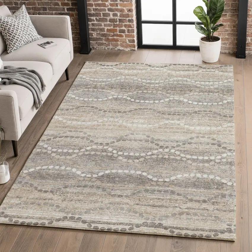 Beige And Ivory Abstract Geometric Washable Area Rug With UV Protection Photo 5