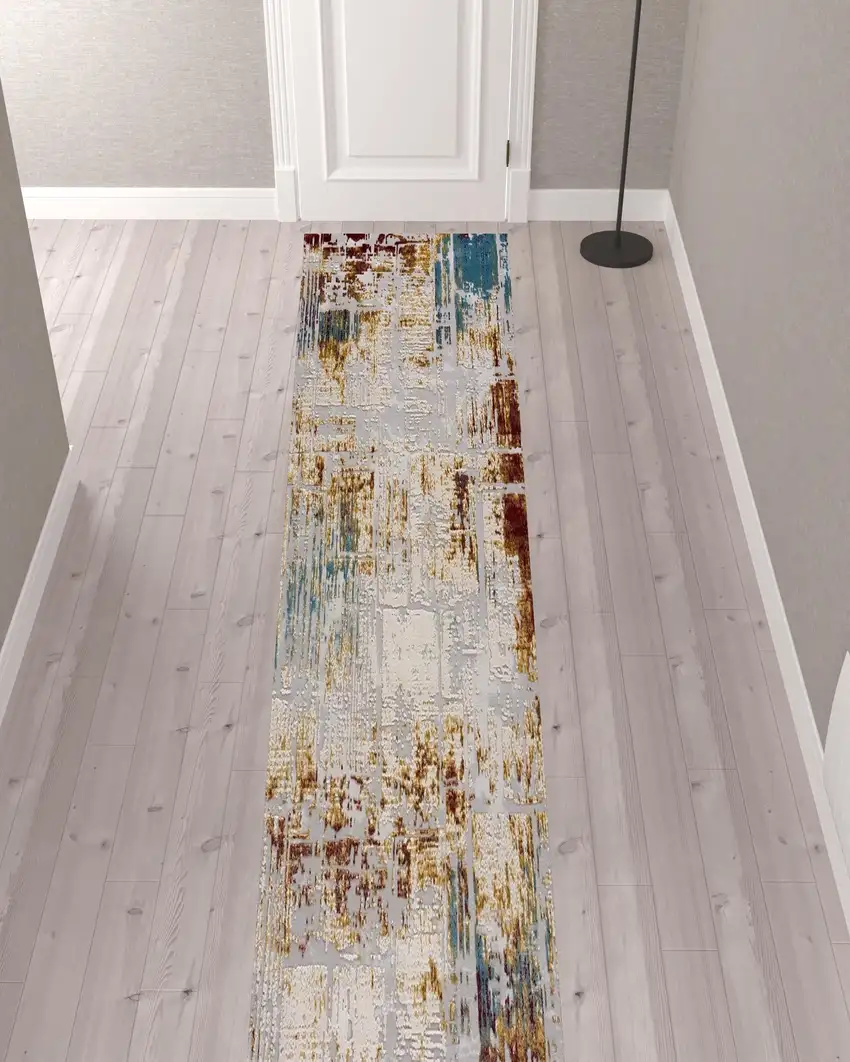Beige And Ivory Abstract Runner Rug Photo 1