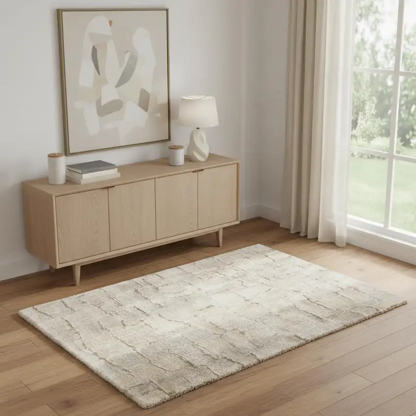 Beige And Ivory Abstract Shag Area Rug Photo 1