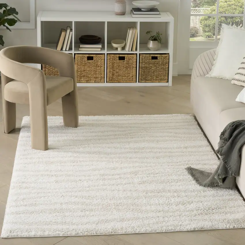 Beige And Ivory Abstract Shag Area Rug Photo 4