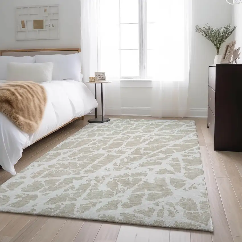 Beige And Ivory Abstract Washable Area Rug With UV Protection Photo 5