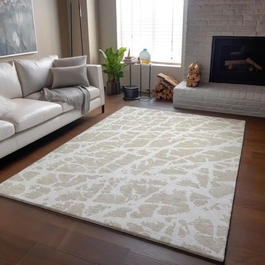 Beige And Ivory Abstract Washable Area Rug With UV Protection Photo 6