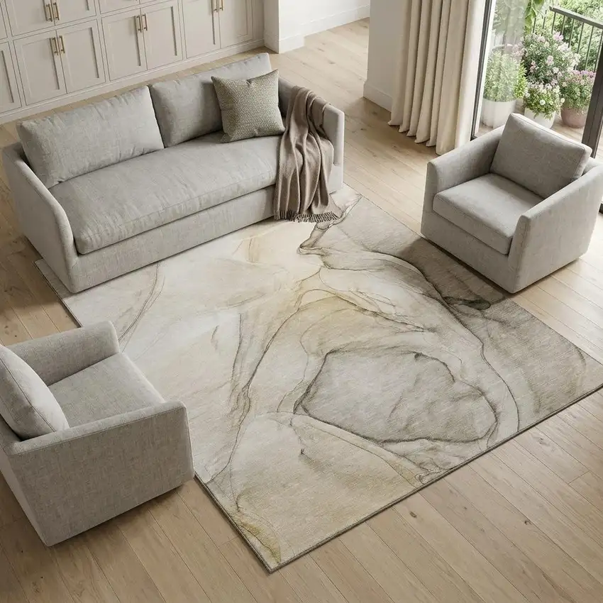 Beige And Ivory Abstract Washable Area Rug With UV Protection Photo 1