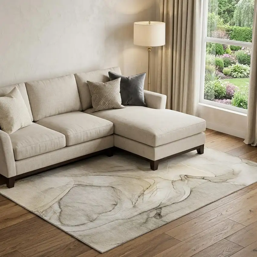 Beige And Ivory Abstract Washable Area Rug With UV Protection Photo 1