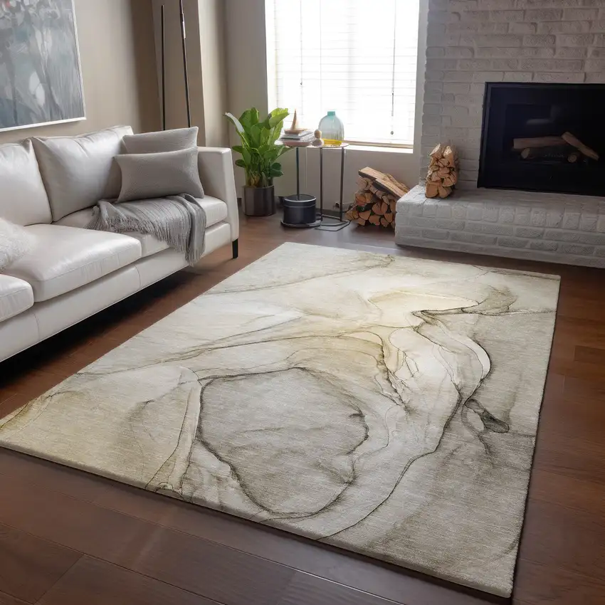 Beige And Ivory Abstract Washable Area Rug With UV Protection Photo 6