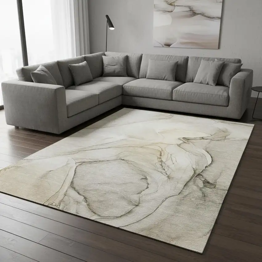 Beige And Ivory Abstract Washable Area Rug With UV Protection Photo 1