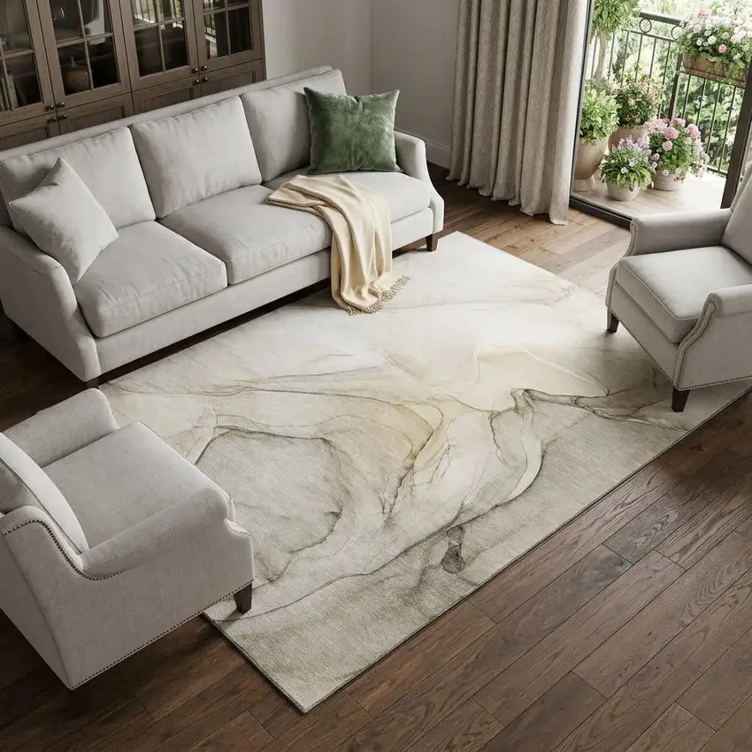 Beige And Ivory Abstract Washable Area Rug With UV Protection Photo 1