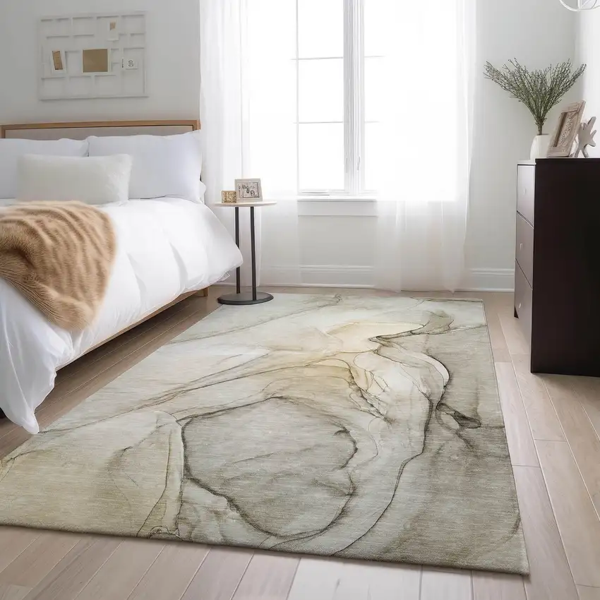 Beige And Ivory Abstract Washable Area Rug With UV Protection Photo 6