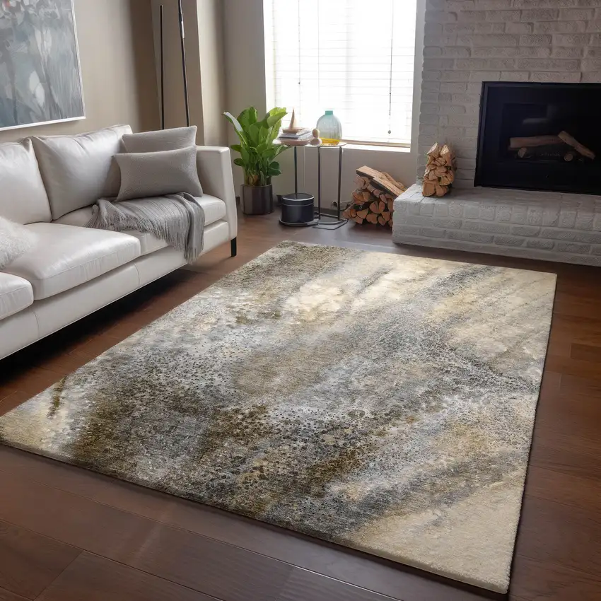 Beige And Ivory Abstract Washable Area Rug With UV Protection Photo 5