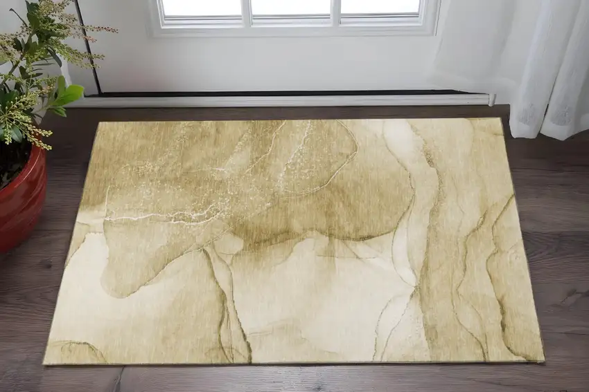 Beige And Ivory Abstract Washable Area Rug With UV Protection Photo 2