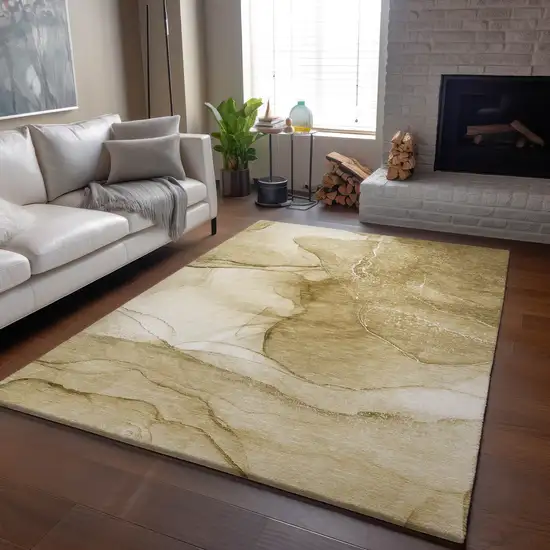 Beige And Ivory Abstract Washable Area Rug With UV Protection Photo 5