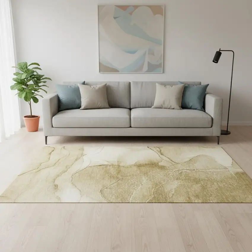 Beige And Ivory Abstract Washable Area Rug With UV Protection Photo 1