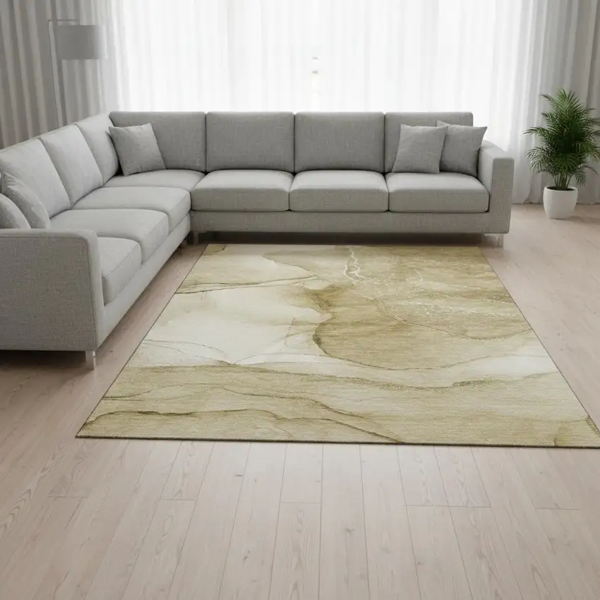 Beige And Ivory Abstract Washable Area Rug With UV Protection Photo 1