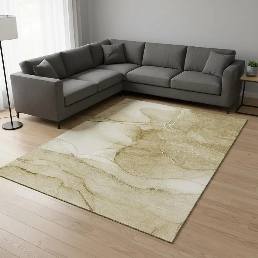 Beige And Ivory Abstract Washable Area Rug With UV Protection Photo 1