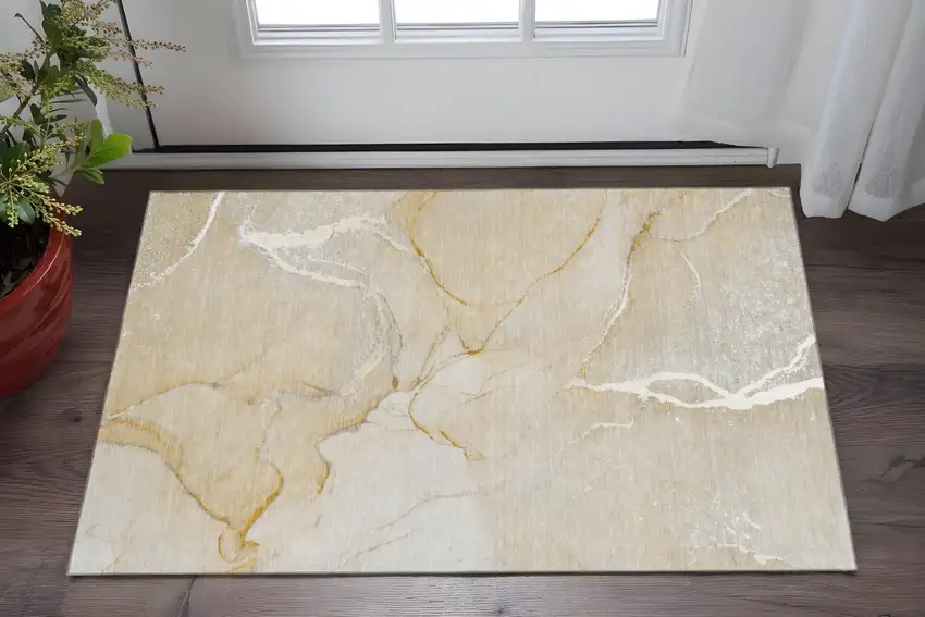 Beige And Ivory Abstract Washable Area Rug With UV Protection Photo 2