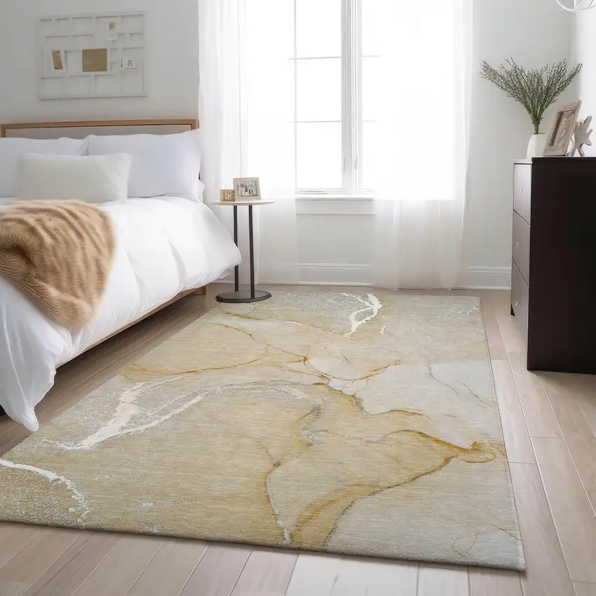 Beige And Ivory Abstract Washable Area Rug With UV Protection Photo 5