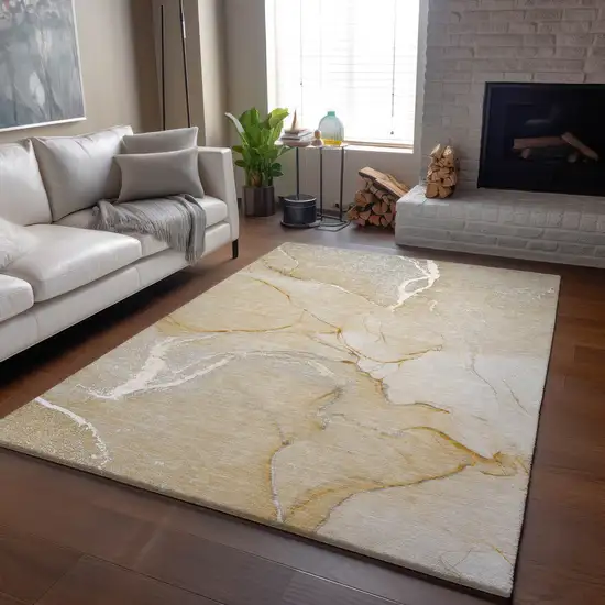 Beige And Ivory Abstract Washable Area Rug With UV Protection Photo 6