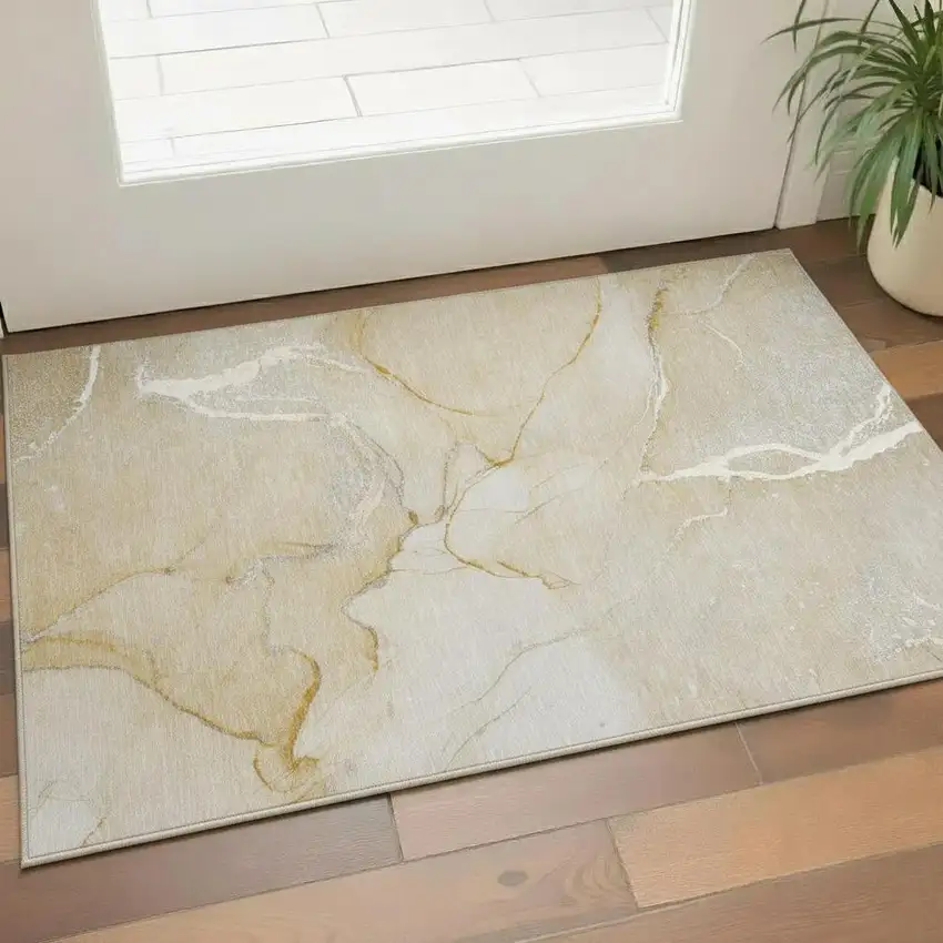 Beige And Ivory Abstract Washable Area Rug With UV Protection Photo 1