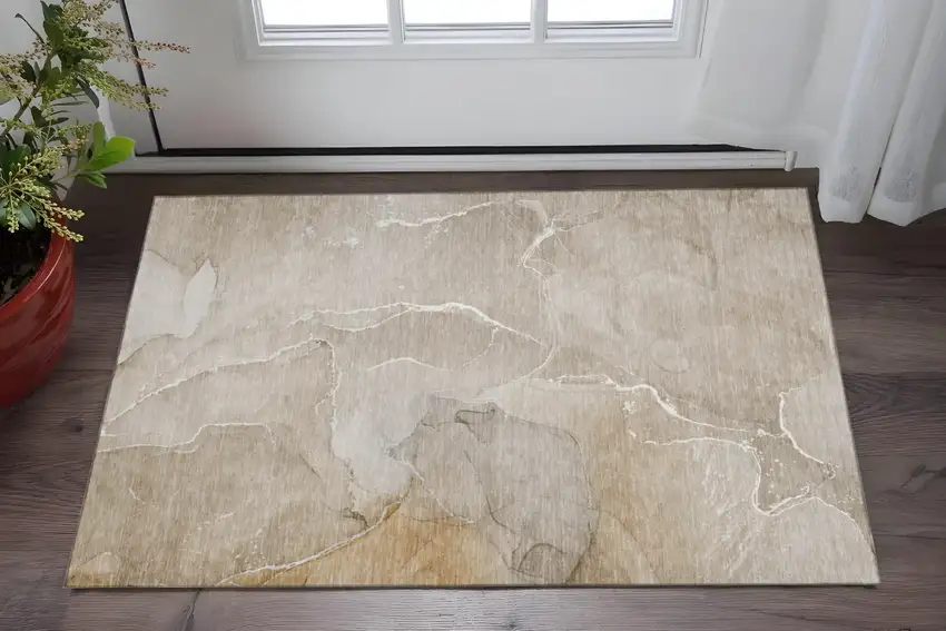 Beige And Ivory Abstract Washable Area Rug With UV Protection Photo 2