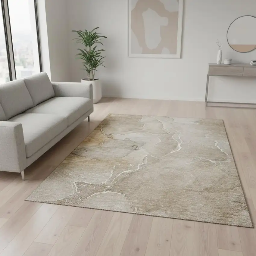 Beige And Ivory Abstract Washable Area Rug With UV Protection Photo 1