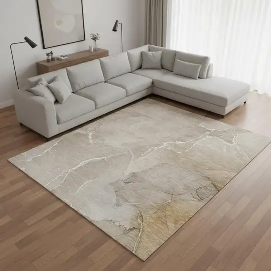 Beige And Ivory Abstract Washable Area Rug With UV Protection Photo 7