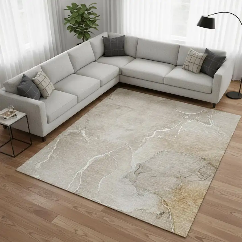 Beige And Ivory Abstract Washable Area Rug With UV Protection Photo 2