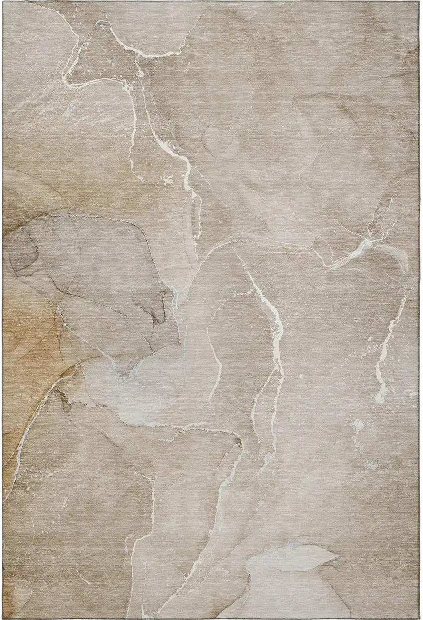 Beige And Ivory Abstract Washable Area Rug With UV Protection Photo 4