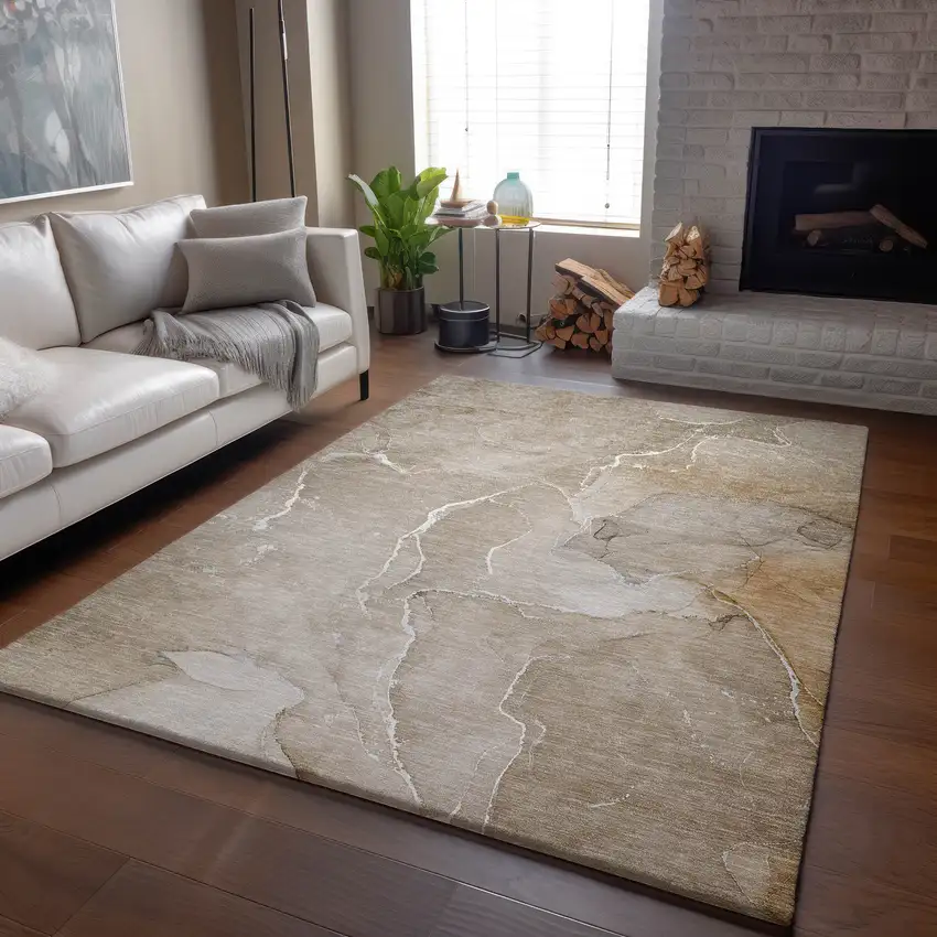 Beige And Ivory Abstract Washable Area Rug With UV Protection Photo 5