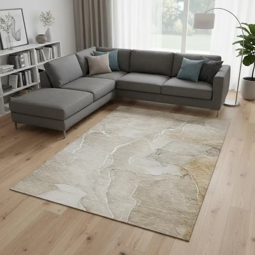 Beige And Ivory Abstract Washable Area Rug With UV Protection Photo 1