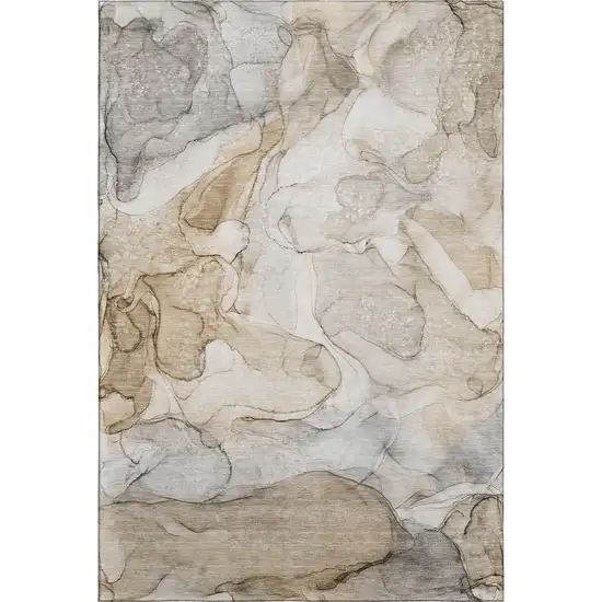 Beige And Ivory Abstract Washable Area Rug With UV Protection Photo 2