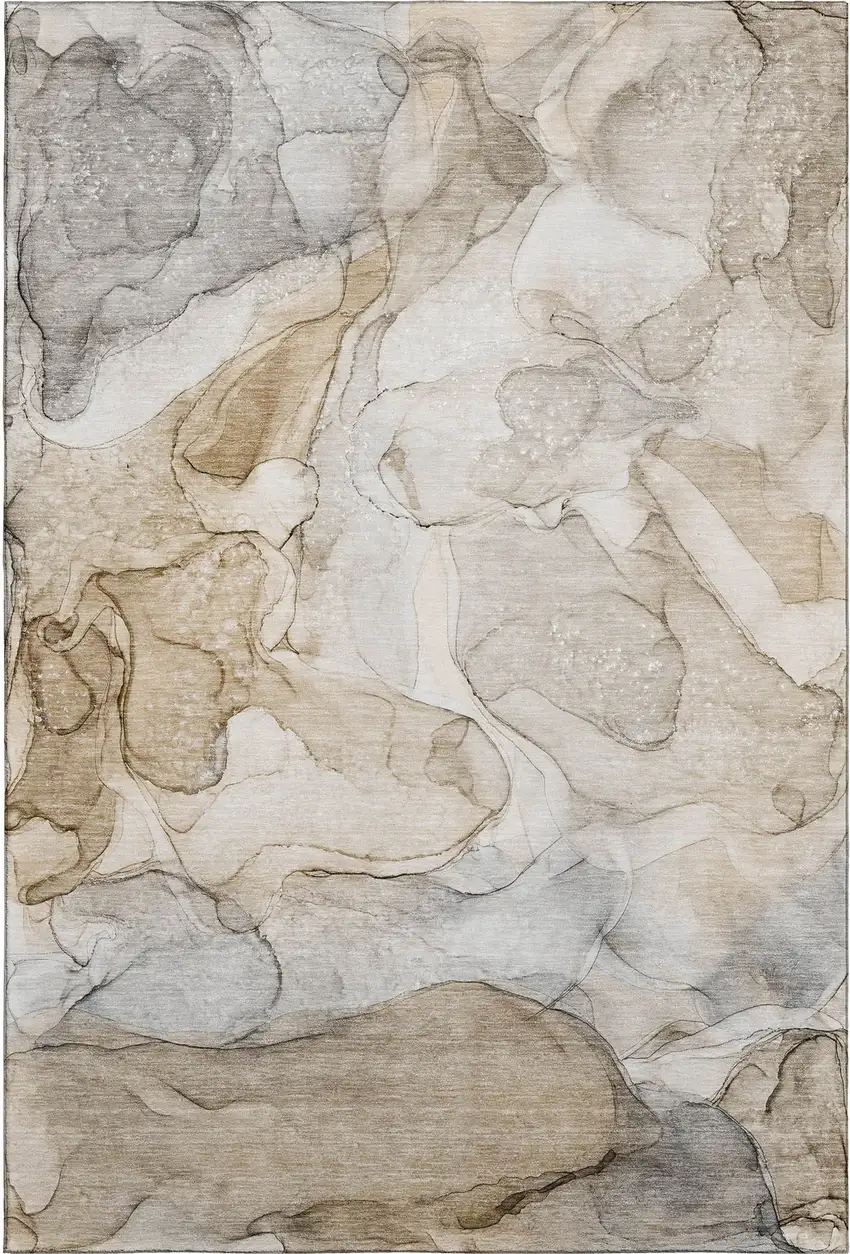 Beige And Ivory Abstract Washable Area Rug With UV Protection Photo 2