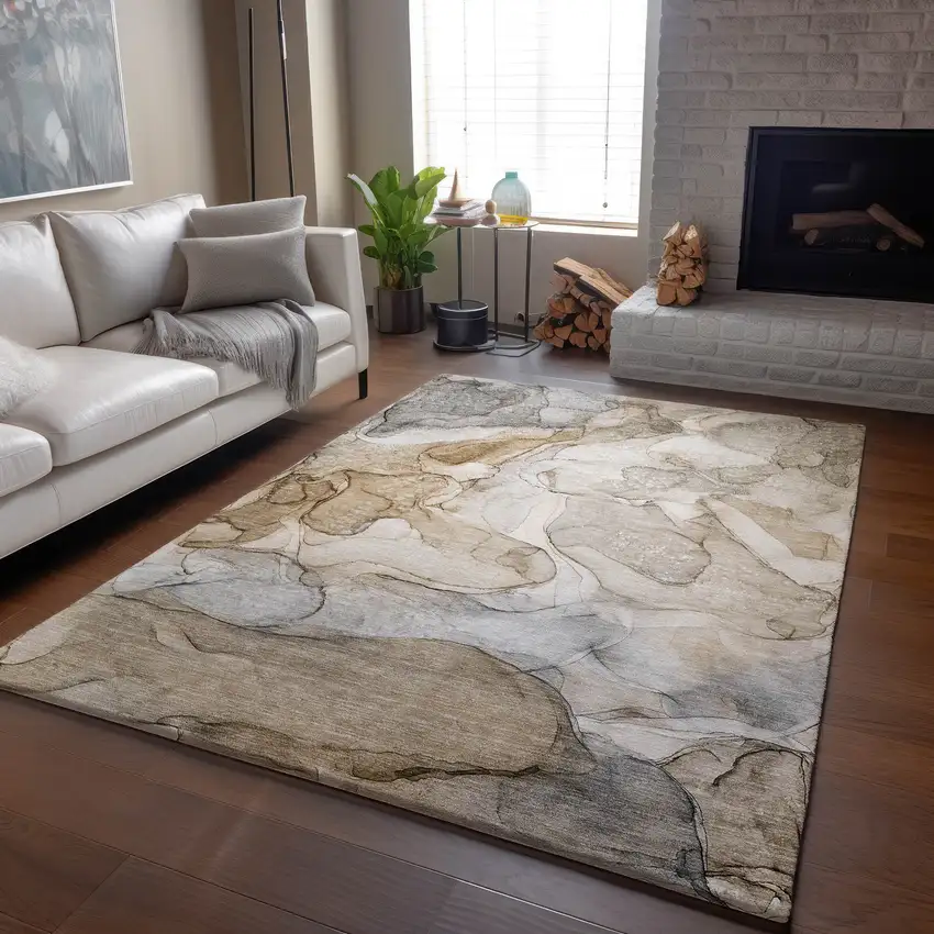 Beige And Ivory Abstract Washable Area Rug With UV Protection Photo 6